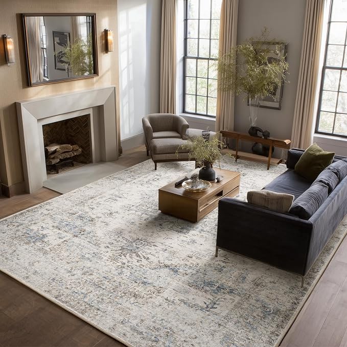 Machine Washable Rugs for Living Room: 9x12 Area Rugs for Bedroom Ultra Soft Non-Slip Low Pile Vintage Distress Boho Large Carpet for High-Traffic Dining Room - Farmhouse Decor