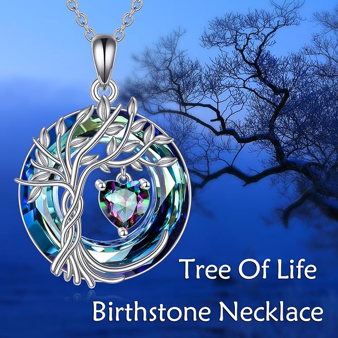 POPLYKE Mothers Day Gifts for Mom Her Wife Tree of Life Necklace 925 Sterling Silver Birthstone Pendant with Crystal Anniversary Birthday Wedding Jewelry for Women
