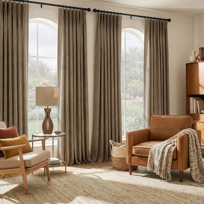 NICETOWN Hazelnut Brown Pinch Pleated Drapes for Living Room, W40 x L108, 395GSM Fabric Faux Linen Drapery for Vintage Villa, Energy Saving Double-Sided Textured Panels with Hooks