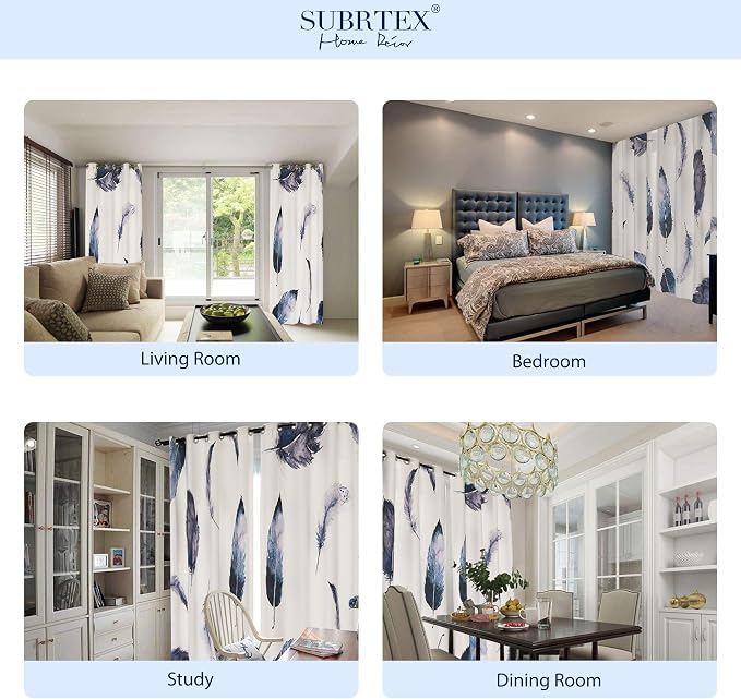 SUBRTEX Boho Leaf Printed Curtains 84 inch Long 2 Panels, Room Darkening Vibrant Floral Drapes, 50% Blackout Light Flitering Semi Sheer Farmhouse Curtains for Living Room, 52Wx84L, Dusty Blue Feather