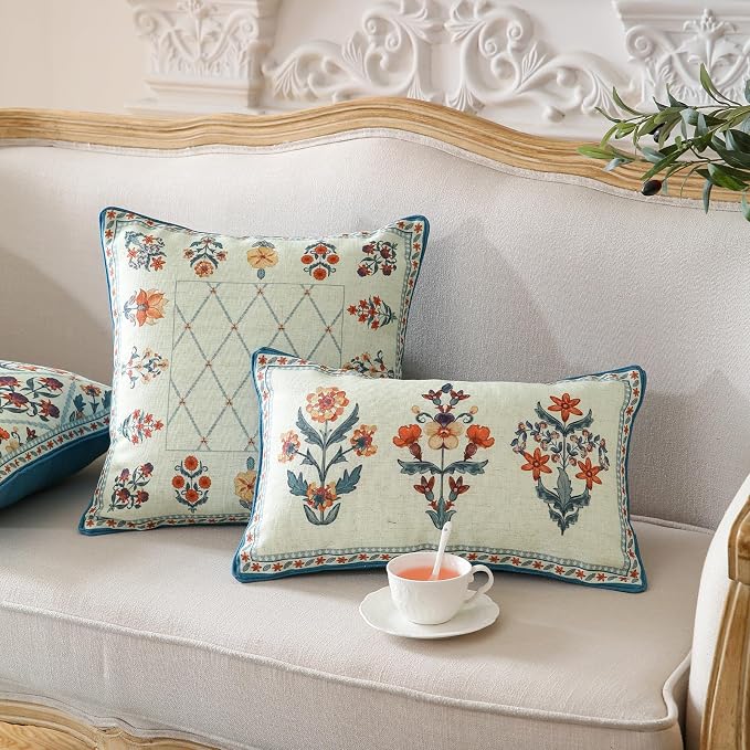 ISAENNE Designer Elegant Linen Throw Pillow Cover,Set of 4-Floralsea Set | French Cottage Pillow Cover,Concealed Zipper,Floral Pattern,Sofas,Bedroom,Living Room,Lounge Chairs,All Season Home Decor