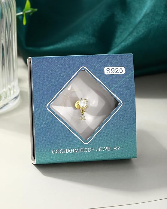 COCHARM 14K Gold Plated Cartilage Earrings Stud 16G Dangle Star 925 Sterling Silver Helix Tragus Earrings Surgical Steel Flat Back Earrings Dangly