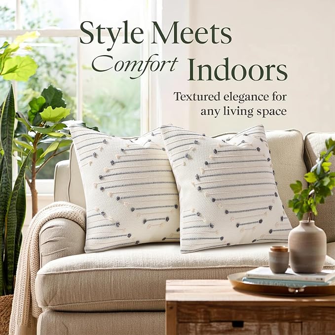 Mecatny Boho Summer Outdoor Throw Pillow Covers 18X18 Set of 2, Farmhouse Decorative Pillow Covers for Couch Sofa Living Room, Beige & Grey