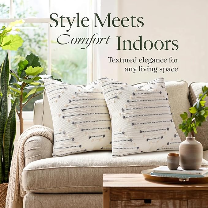 Mecatny Boho Summer Outdoor Throw Pillow Covers 22X22 Set of 2, Farmhouse Decorative Pillow Covers for Couch Sofa Living Room, Beige & Grey