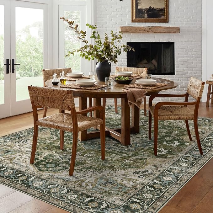 LUXRUG 6x9 Area Rug for Living Room - Large Oriental Washable Rugs for Bedroom Non-Slip Moss Green Boho Medallion Dining Room Rug Farmhouse Low-Pile Carpet Soft Vinatge Rug for Office Guest Room