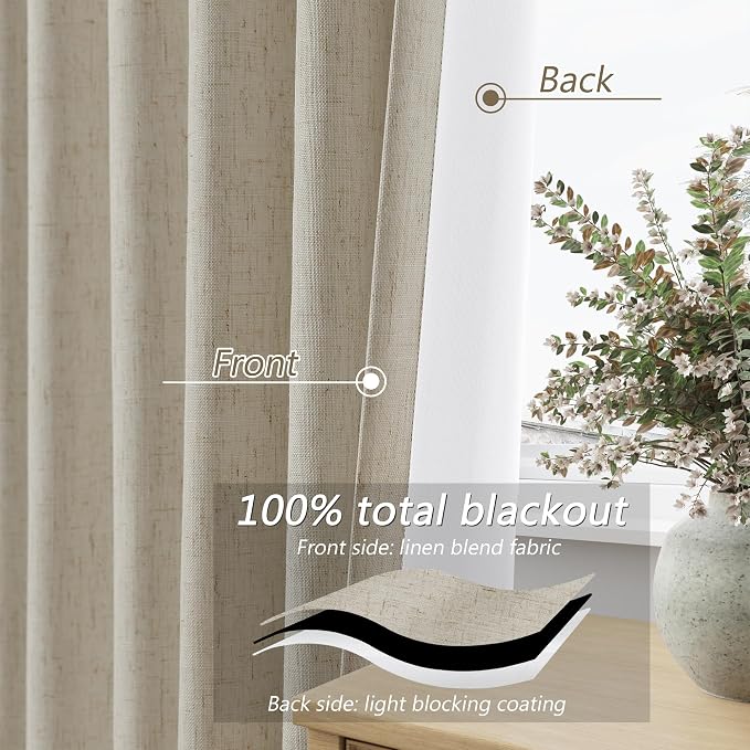 Guken 100% Blackout Linen Curtains for Bedroom 90 inches Long, Thermal Insulated Room Darkening Black Out Drapes for Living Room, Back Tab Rod Pocket 2 Panels Set,Ecru,52x90