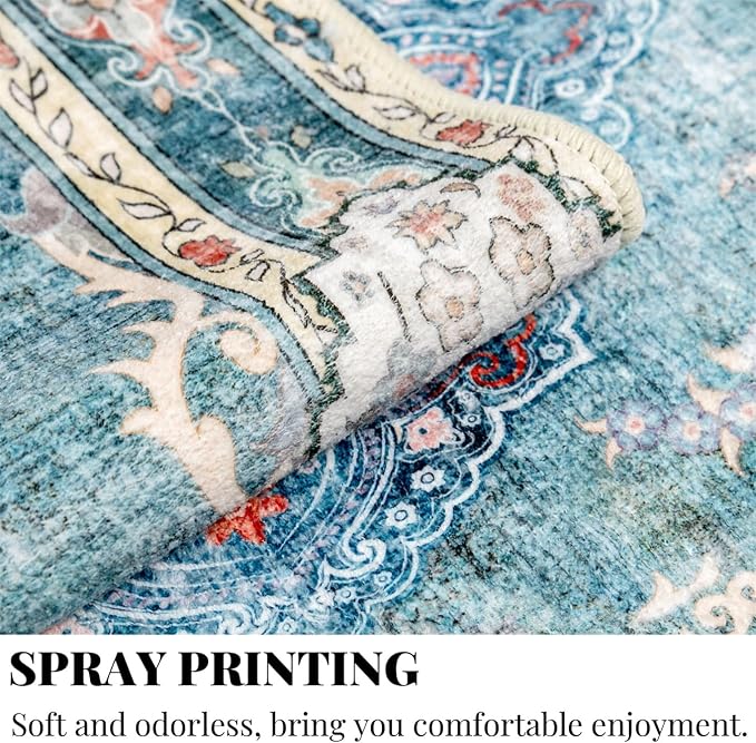 MUJOO Teal Runner Rug Washable 2x6 Area Rugs Non Slip Low-Pile Flowers | Long Throw Carpet for Hallways Entryway Kitchen Bathroom Bedside Bedroom Laundry Boho Soft Indoor Retro Floral Blue Colorful