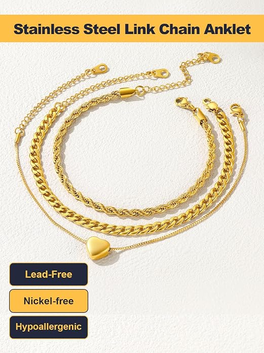 U7 2Pcs/3Pcs Ankle Bracelets for Women, Stainless Steel Cuban Link/Figaro/Rope/Heart Chain Anklets Sets,Waterproof Layered Anklets Adjustable 8.5"-10.5"