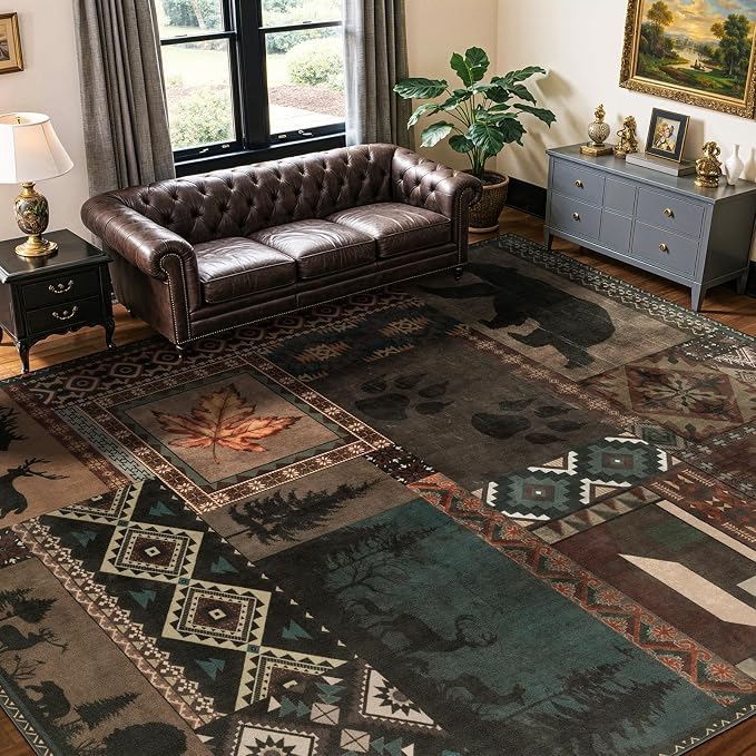 LIANLAM 6x9 Washable Area Rugs for Living Room and Bedroom(6x9,Bear) | Non-Slip Large Carpet,Vintage Checkered Pattern, Stain Resistant Faux Wool Low Pile Soft Rug for Dining Room,Office,Nursery