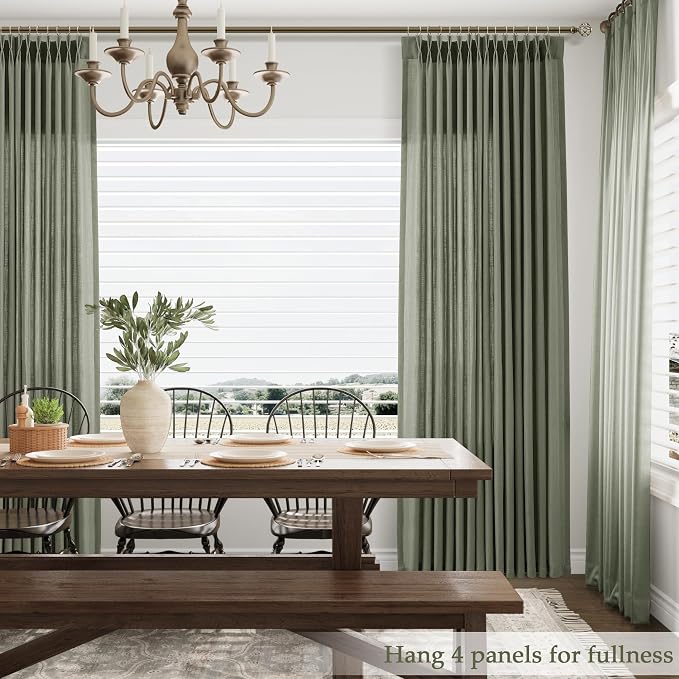 Forest Green Pleated Linen Curtains 96 Inches Long for Living Room Bedroom 2 Panel Set Semi Sheer Light Filtering Pinch Pleat with Rings Hooks Drapes Farmhouse Rustic Olive Green Window Curtain