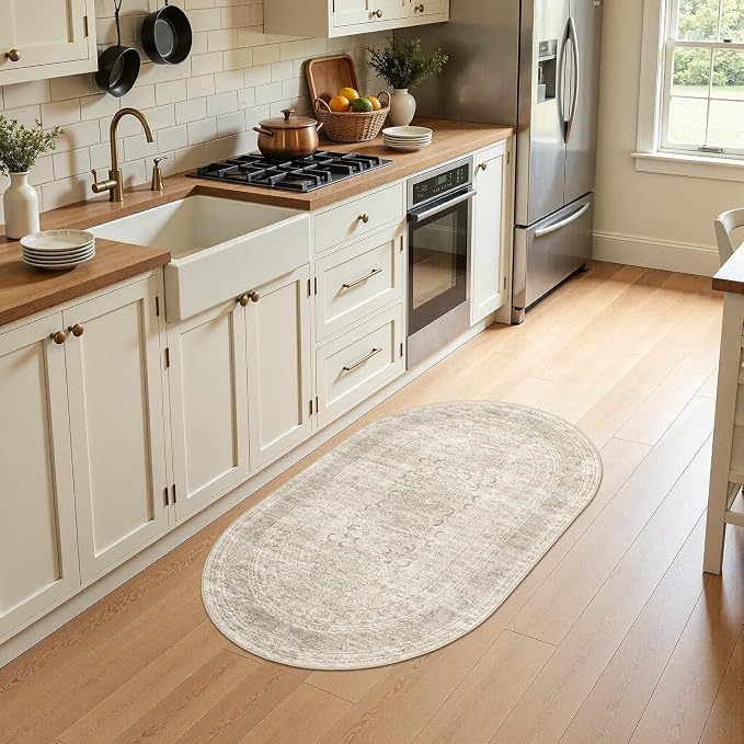 Nakagishi Oval Rugs for Entryway: Washable Non-Slip Neutral 3x5 Area Rug for Kitchen, Pet Friendly, Soft Stain Resistant Low Pile Oval Carpet for Bedroom