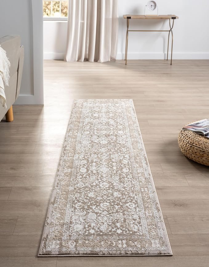 Amber Traditional Floral Runner Rug for Kitchen, 2x7 Vintage Persian-Inspired Beige Neutral Runner, Medium Pile Stain Resistant Carpet for Bedroom, Hallway or Entryway (2' x 7', Beige)
