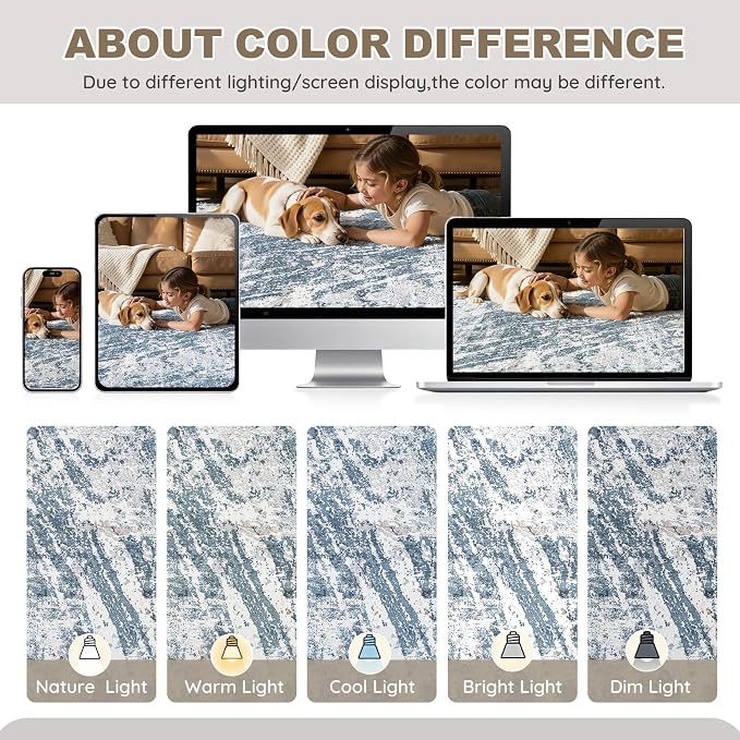 DMOYEST 9x12 Washable Area Rug: Abstract Modern Non-Slip Carpet, Soft Low Pile Indoor Neutral Easy Clean Floor Rugs for Living Room Bedroom Dining Room Kids & Pets - Blue