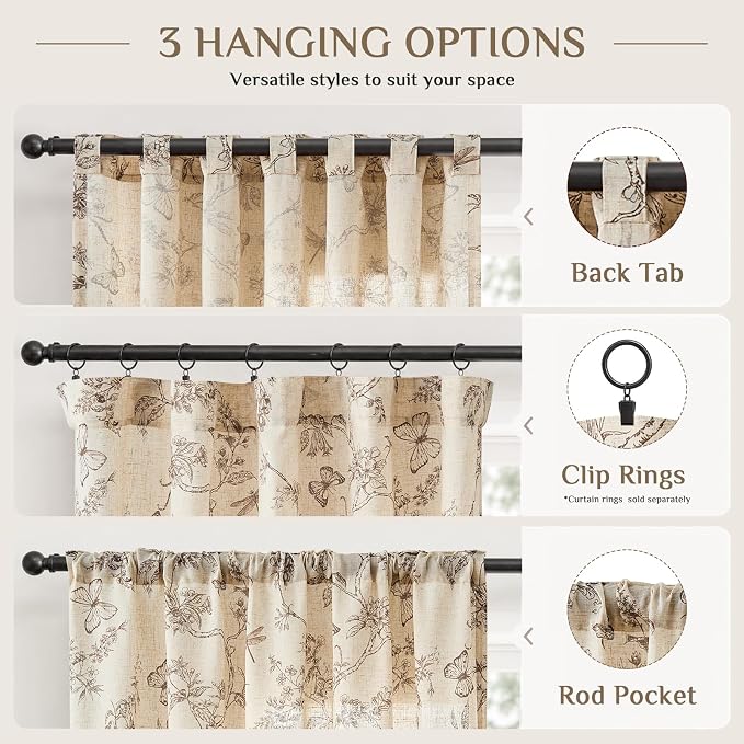 Lazzzy Charlotte Linen Taupe Floral Curtains 96 Inch Length Farmhouse Curtain Back Tab Drapes for Living Room Bedroom Light Filtering Vintage Rod Pocket Curtains, 2 Panels, Taupe on Beige
