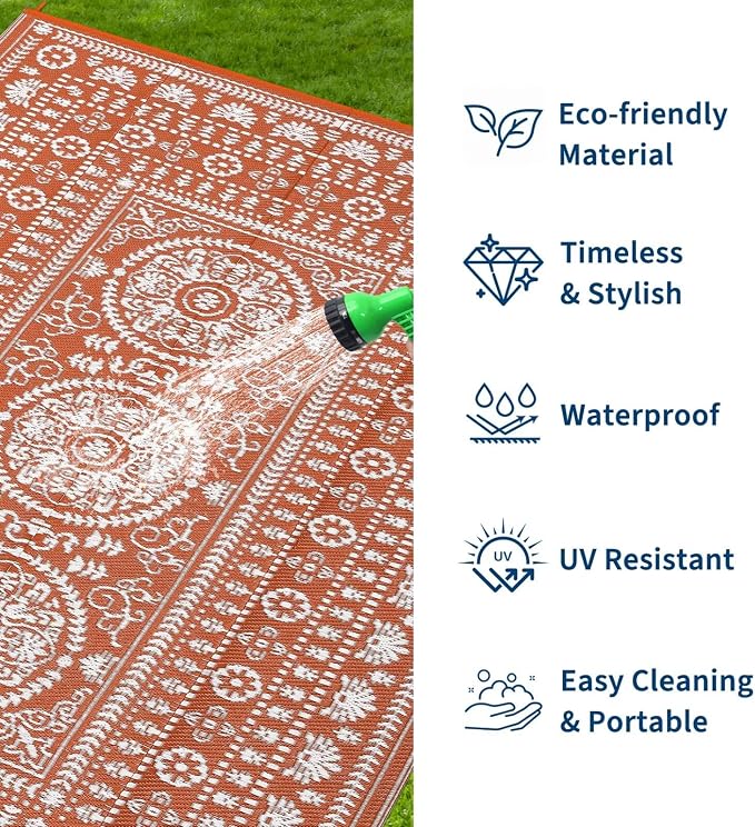 Garvee Reversible Outdoor Rug 5x8 for Patio, Waterproof Outdoor Area Rug, Boho Medallion Indoor Outdoor Carpet for Porch, Plastic Straw Rug for RV, Camping, Deck, Vintage Terracotta