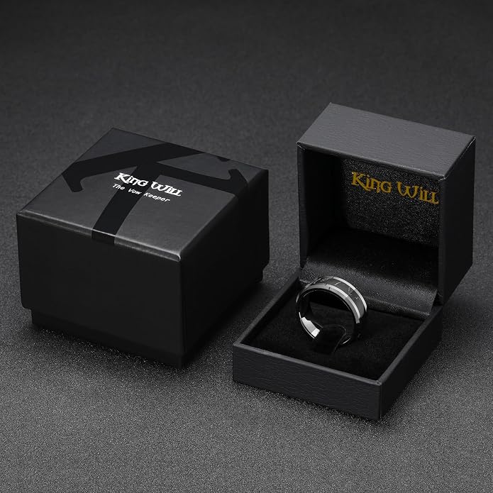 King Will Black Tungsten Wedding Band For Men, 8mm Promise Ring Inlay Red Twill Pattern/Colorful Wood Chips, High Polished Beveled Edge - Suitable For Daily Wear, Comfort Fit Size 7-14
