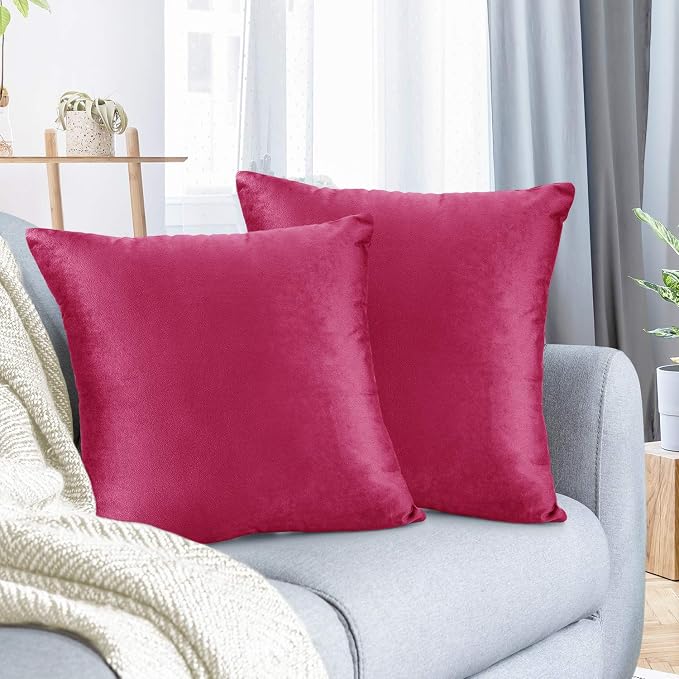 Nestl Throw Pillow Covers, Cozy Velvet Decorative Autumn Pillow Covers 22 x 22 Inches, Soft Solid Couch Pillow Covers for Sofa, Bed and Car, Set of 2 - Hot Pink