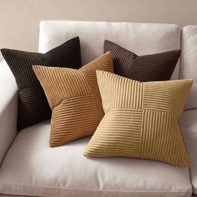 MIULEE Boho Decorative Throw Pillow Covers 20x20 Set of 4 Farmhouse Neutral Cushion Cases Gradient Corduroy Pillow Cases Modern Soft Corduroy Patchwork Home Decor for Couch Sofa Bedroom Camel Brown