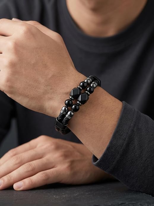 Black Braided Leather Bracelet for Men with Turquoise, Lapis Lazuli, Tiger Eye, Obsidian Stone Double-Row Wristband Beads with Stainless Steel Clasp Fashion Jewelry Gift for Him