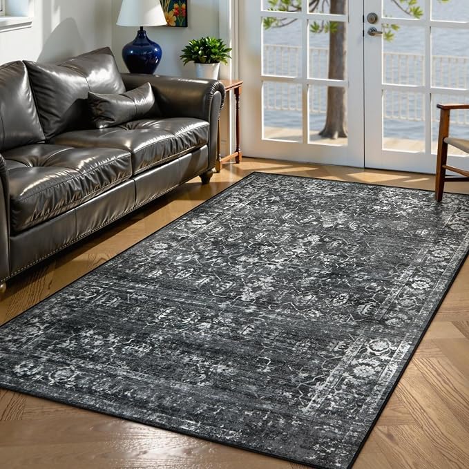 Lahome Margot Washable Black 4x6 Area Rugs for Living Room Bedroom, Boho Vintage Non Slip Stain Resistant Floor Dining Room Carpet for Office Entrance Decor