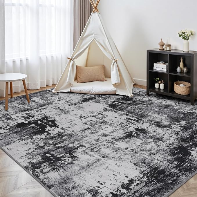 Rugflix 6x9 Area Rugs for Living Room, Washable Large Rug Stain-Resistant Low Pile, Modern Dark Carpet for Dining Room Home Office Kid Room Nursery Bedroom, Black Grey
