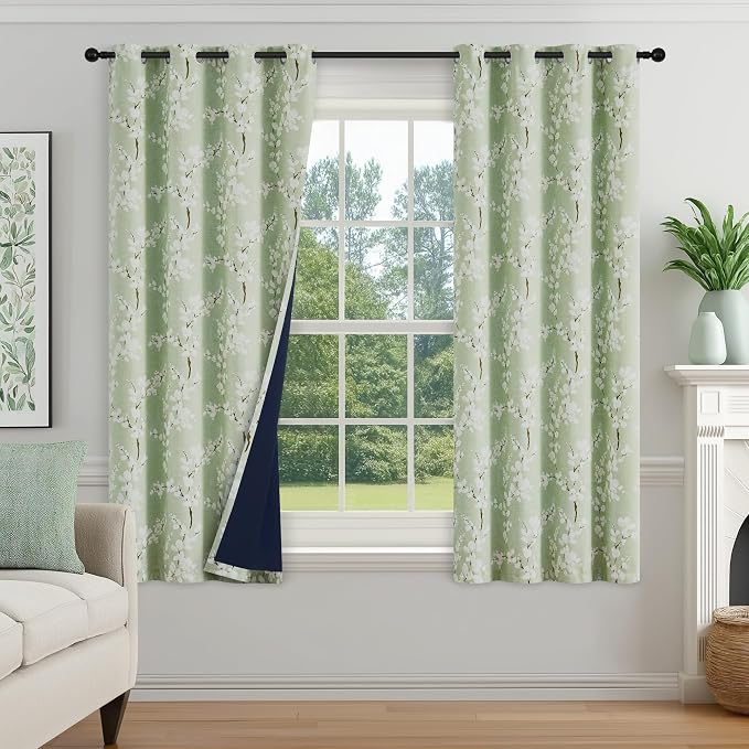 FMFUNCTEX 100% Blackout Green Floral Curtains 54 Inch Grommet 2 Panels | Black Out Drapes, Thermal Insulated Cottage Farmhouse, Blossom Flower Patterned Curtain for Bedroom, Living Room Darkening