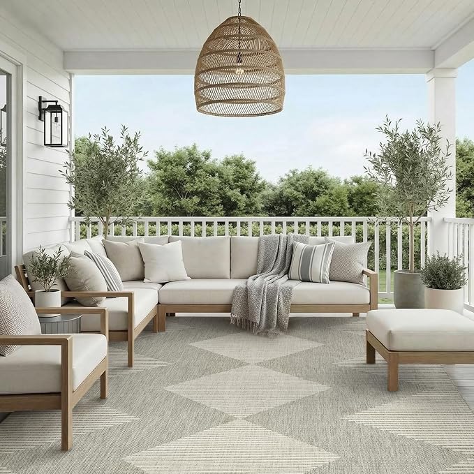 MontVoo-Outdoor Rug-Patio Rug 9x12 Polypropylene Indoor Outdoor Rugs Outdoor Carpet for Patio Deck Balcony Porch, Textured Weave, Durable for High Traffic, Fade-Resistant, Boho Geometric Silver Grey