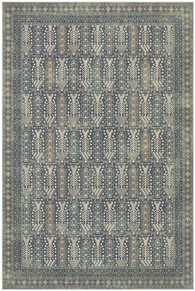 Rugxara 9x12 Washable Area Rugs for Living Room - Large Rugs,Floral Boho Vintage Rug,Soft & Non-Slip,Low Pile Wool Carpet for Indoor Dining Room,Girls Room,Nursery Room and Kids Room(Ivory Blue)