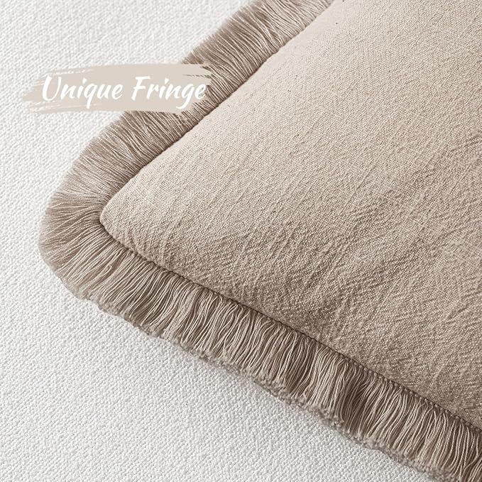 MIULEE Decorative Throw Pillow Covers Neutral Linen Fringe Throw Pillows Set of 2 Natural Linen Boho Farmhouse Cushion Covers with Tassels for Couch Sofa Bed Spring Home Decor 18x18 Inch