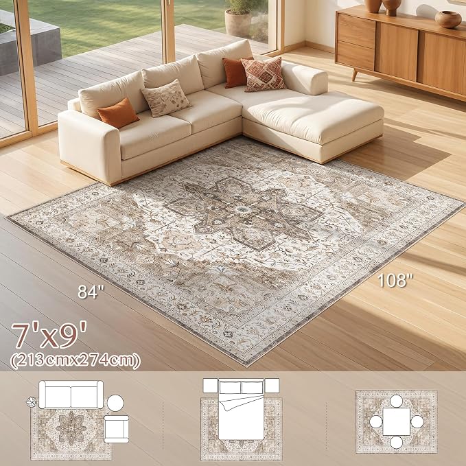 Tortania Area Rug Living Room Rugs - 7x9 Washable Boho Rug Vintage Oriental Distressed Farmhouse Large Thin Indoor Carpet for Living Room Bedroom Under Dining Table Home Office - Brown