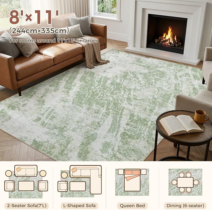 DMOYEST 8x11 Washable Area Rug: Abstract Modern Non-Slip Carpet, Soft Low Pile Indoor Neutral Easy Clean Floor Rugs for Living Room Bedroom Dining Room Kids & Pets - Green