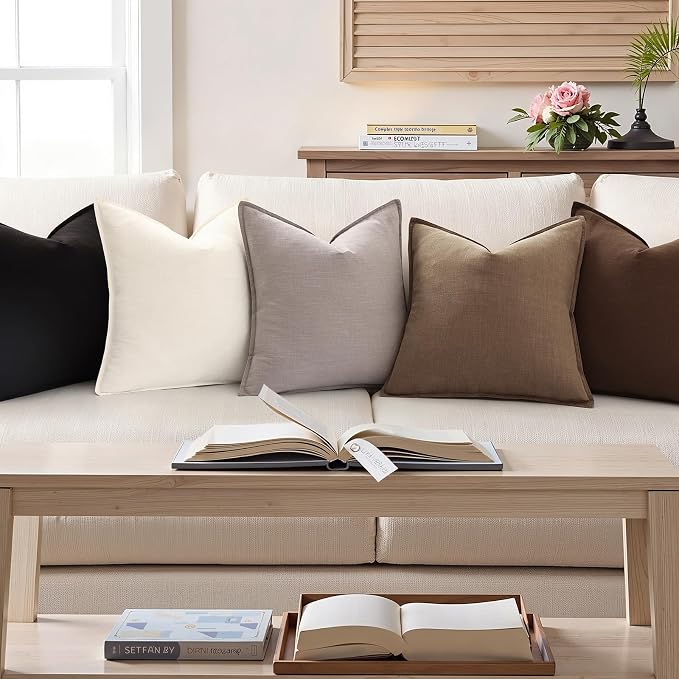decorUhome Fall Light Brown Linen Throw Pillow Covers 20x20 Set of 2 | Decorative Soft Cozy Modern Farmhouse Boho Accent Pillow Cases with Flange Edges for Couch Bed Sofa Living Room Home Decor
