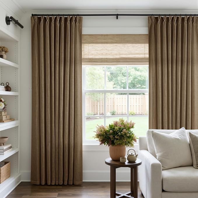 Dutch Cocoa Pinch Pleat Linen Curtains 90 Inches Long 60 Inch Wide 1 Panel | Light Filtering Semi Sheer Privacy, 400GSM Fabric Memory Shape, Pinch Pleated, for Sliding Door Living Room Bedroom, W60xL90