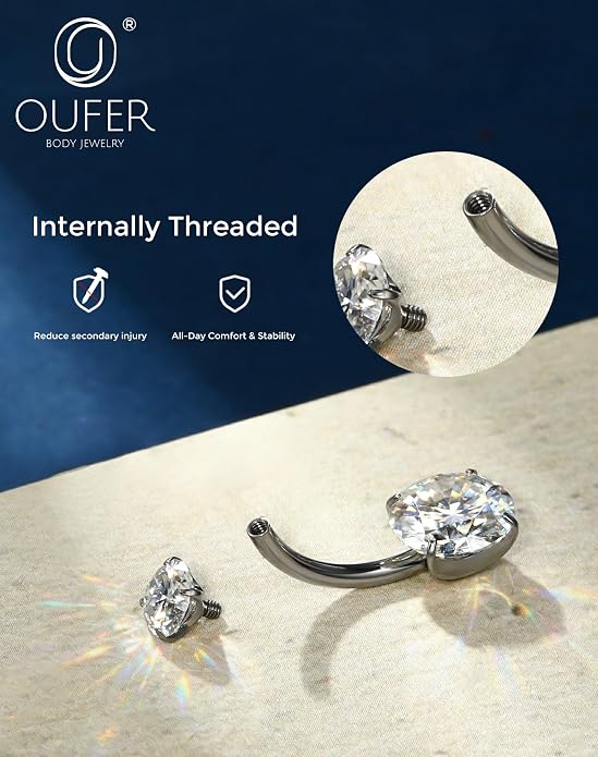 OUFER 14G G23 Titanium Moissanite Internally Threaded Belly Button Ring with Care Kit for Healing,D Color VVS1 Brilliant Cut Stones, Silver/18K Gold Plated Hypoallergenic Navel Piercing Jewelry for Women Men