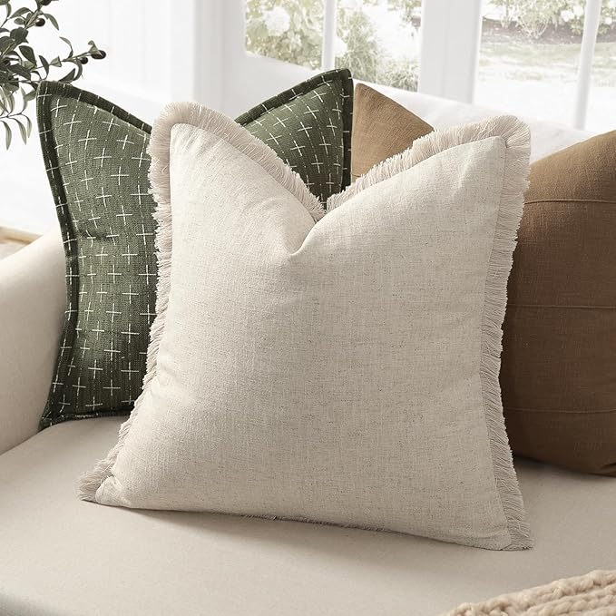 ZWJD Pillow Covers 16x16 Set of 2 Throw Pillow Covers with Fringe Chic Cotton Euro Shams Square Cushion Covers for Couch Sofa Bed Living Room Farmhouse Boho Decor, Natural Beige