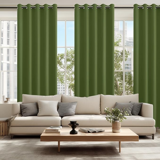 Hiasan Blackout Curtains for Bedroom, 60 x 84 Inches Long - Thermal Insulated & Energy Saving Window Curtains for Living Room, 2 Drape Panels Sewn with Tiebacks, Olive Green