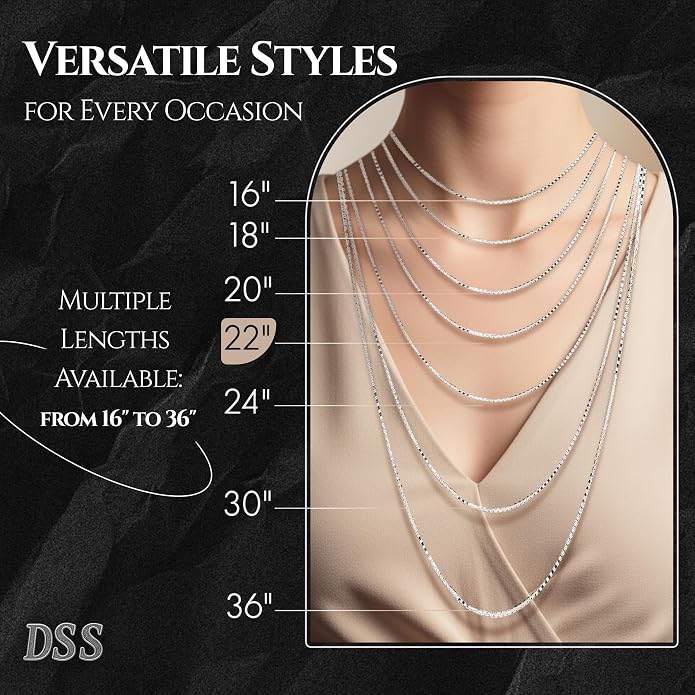 925 Sterling Silver 0.8 mm Italian Silver Diamond Cut Box Necklace Chain for Women & Men, 22 Inch Luxury Chain with Upgraded Lobster Clasp, Hypoallergenic - Made in Italy