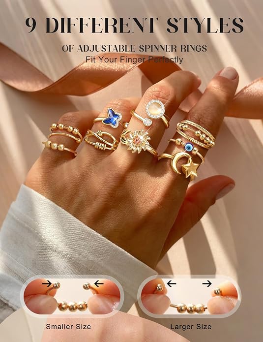 FIBO STEEL 9 Pcs Fidget Anxiety Rings for Women Men Spinner Rings for Anxiety Relieving Stress Open CZ Flower Moon Star Anti Rotatable Rings Adjustable