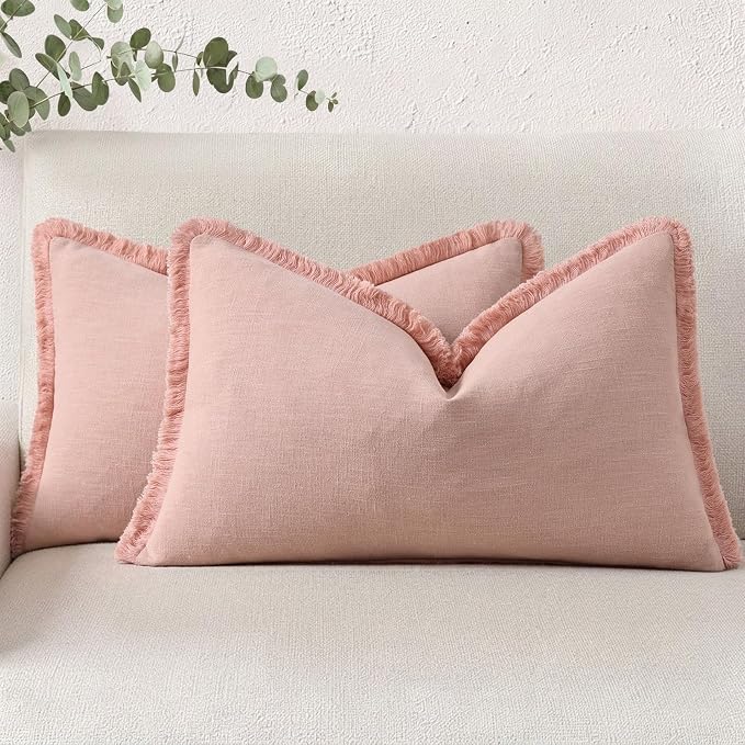 decorUhome Linen Fringe Pink Throw Pillow Covers 12x20 Set of 2 | Decorative Soft Accent Modern Boho Farmhouse Lumbar Cushion Covers with Tassels Cotton Pillow Covers for Couch Bed Sofa