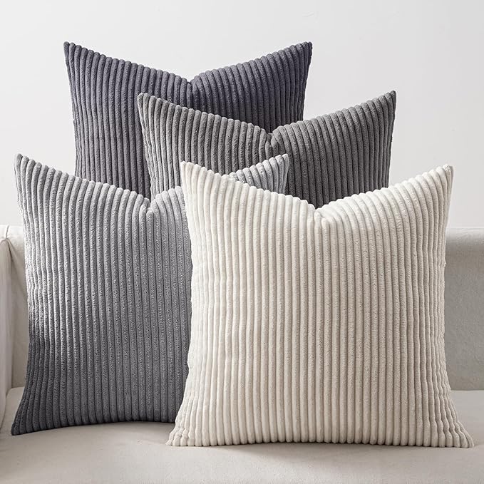EMEMA Neutral Grey Decorative Throw Pillow Covers 20x20 Inch Set of 4 Boho Farmhouse Corduroy Striped Square Pillow Case,Western Modern Cushion Covers for Couch Bed Livingroom Home Decor