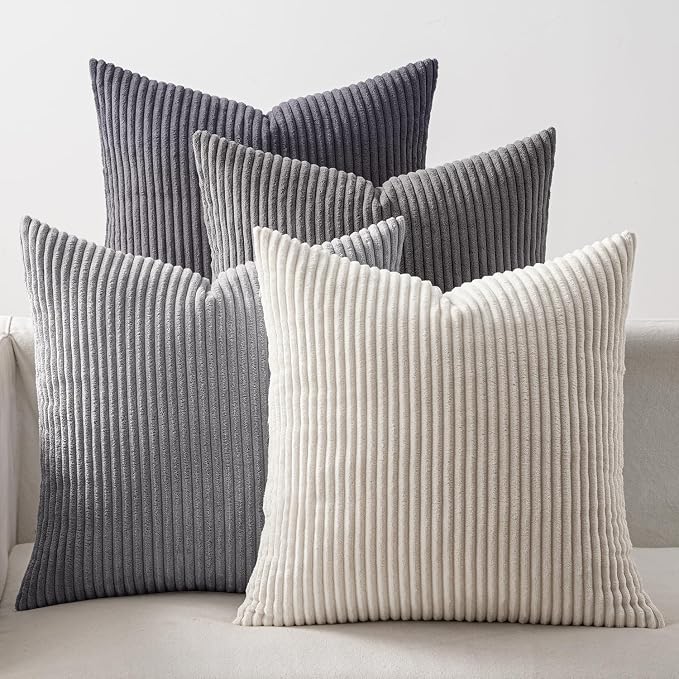 EMEMA Neutral Grey Decorative Throw Pillow Covers 16x16 Inch Set of 4 Boho Farmhouse Corduroy Striped Square Pillow Case,Western Modern Cushion Covers for Couch Bed Livingroom Home Decor