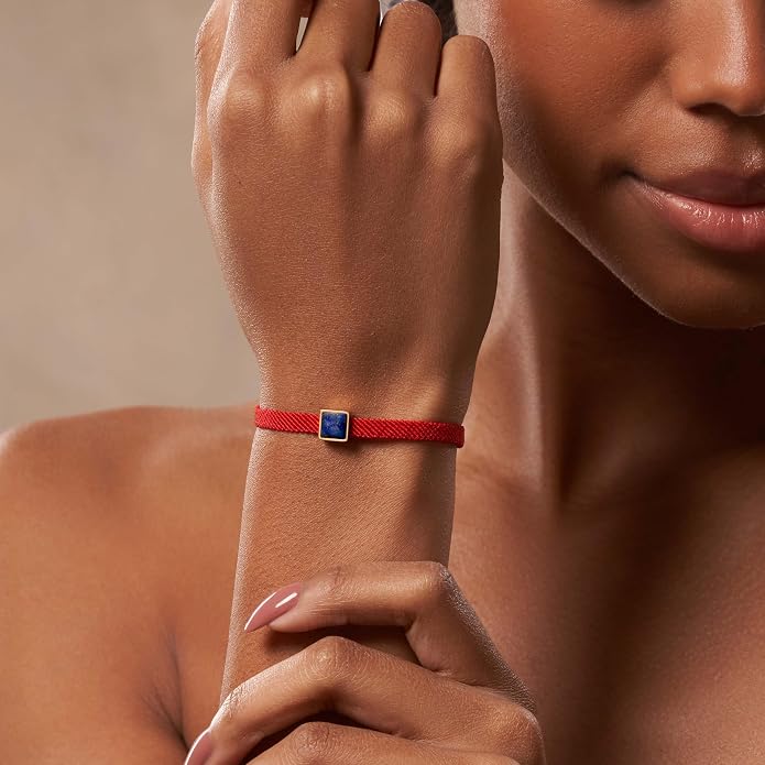 KARMA AND LUCK Red String Bracelet with Black Onyx, Jade, Tiger Eye, Lapis Lazuli - Rhodium Plated Brass, Handmade in Thailand, Available in 6.5", 7", 7.5" Lengths
