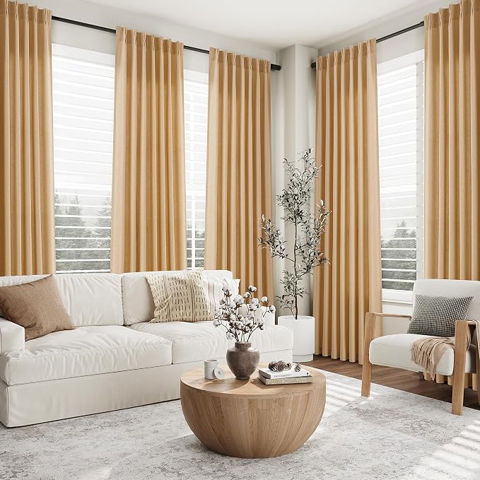 Aersas Camel Pinch Pleated Linen Curtains 96 Inches Length for Living Room Light Filtering Privacy Protection Window Drapes with Hooks for Sun Room Bedroom Semi Sheer Farmhouse Home Decor 40x96 Inch