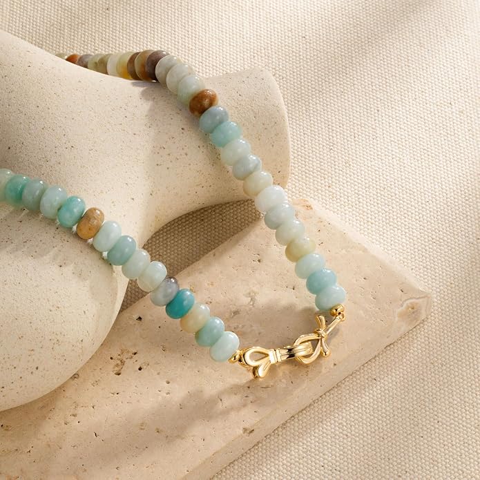 NLIEO Rainbow Colorful Gemstone Beaded Choker Necklace for Women 14K Gold Bow Birthstone Beads Chokers 18inches