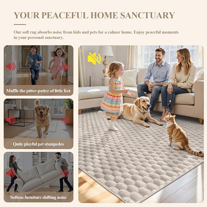 Vaukki 6x9 Area Rug for Living Room, Non Slip Washable 3D Bubble Living Room Rug, High Low Pile Hexagon Floor Mat for Bedroom, Modern Soft Fluffy Carpet for Dining Room, Office and Nursery, Beige