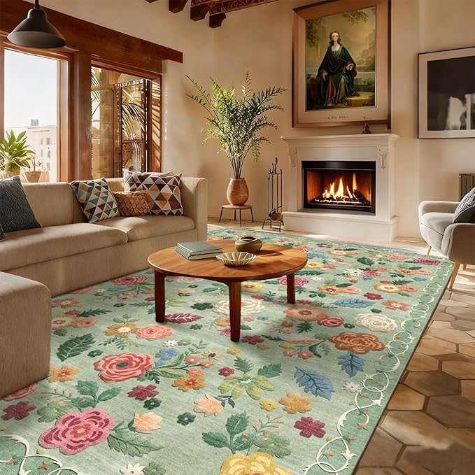 8x10 Area Rugs for Living Room: Washable Bedroom Rug Non Slip Low Pile Soft Faux Wool Non Shedding Lightweight Distressed Vintage Floral Large Carpet Rug for Dining Room Kids Playroom Farmhouse Office