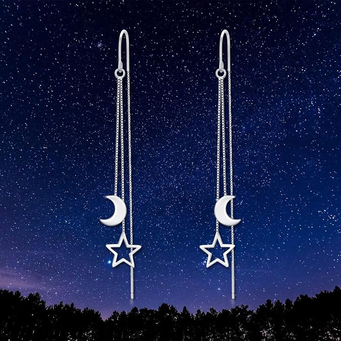 VONALA Moon Star Threader Earrings Sterling Silver Long Earrings for Women Hypoallergenic Tassel Chain Earrings for Teen Girls