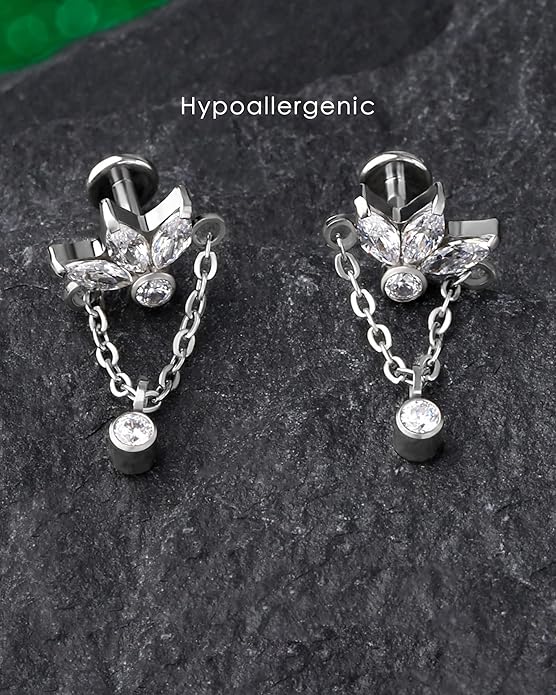 COCHARM G23 Titanium Hanging Helix Earring 16g Flat Back Flower Top Helix Piercing Jewelry 6mm Hypoallergenic Dangly Cartilage Jewelry