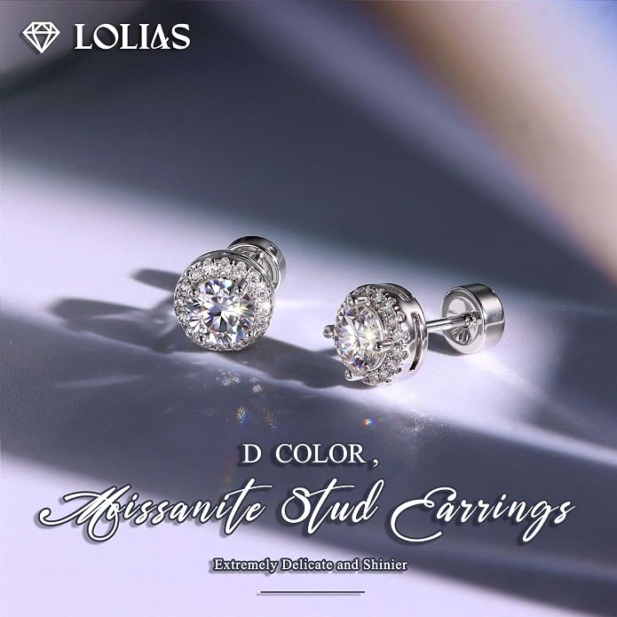 Moissanite Stud Earrings with Flat Back - 925 Sterling Silver D Color VVS1 Moissanite Earring for Women Men,14K White Gold Plated Brilliant Halo Stud Earrings Hypoallergenic Jewelry for Sensitive Ear