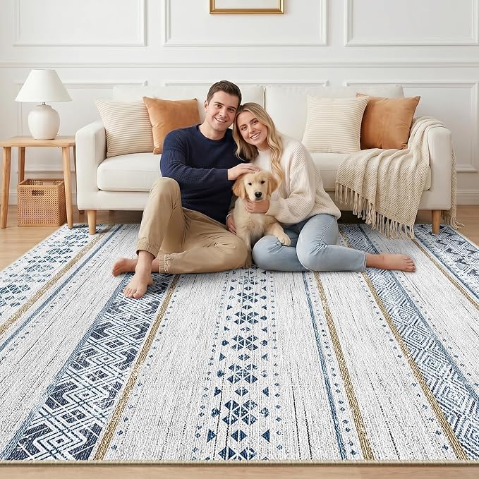 BESTSWEETIE 5x7 Area Rugs for Living Room Washable Moroccan Farmhouse Neutral Geometric Low Pile Non-Slip Soft Print Pattern Rug for Bedroom Kitchen Dining Room Entryway Blue/Brown